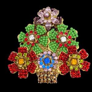 Vintage STANLEY HAGLER NYC Christmas Tree Brooch Pin Rhinestone Glass Beaded